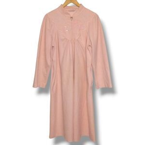 Vintage Shadowline Fleece Housecoat-Medium-Floral Embroidered Yoke-Pockets-Zip